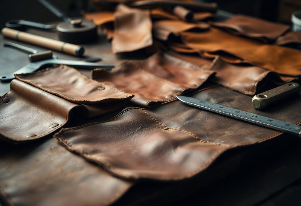 Pieces of brown leather are spread out on a wooden table along with crafting tools, including a ruler, a wooden handle tool, and a metal knife. The setup suggests a workspace for leatherworking or crafting.