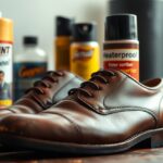 A pair of polished brown smooth leather dress shoes sits on a table surrounded by various shoe care products, including waterproofing spray and other better alternatives.