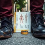 A pair of black boots with brown soles and red pants stand on a city street alongside human anatomy illustrations.