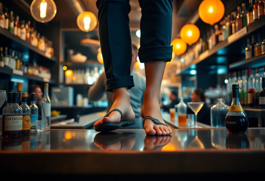 A person standing barefoot on a bar counter wearing rolled-up jeans in a dimly lit bar. The counter is lined with various bottles, and some patrons are blurred in the background, with hanging lights overhead.