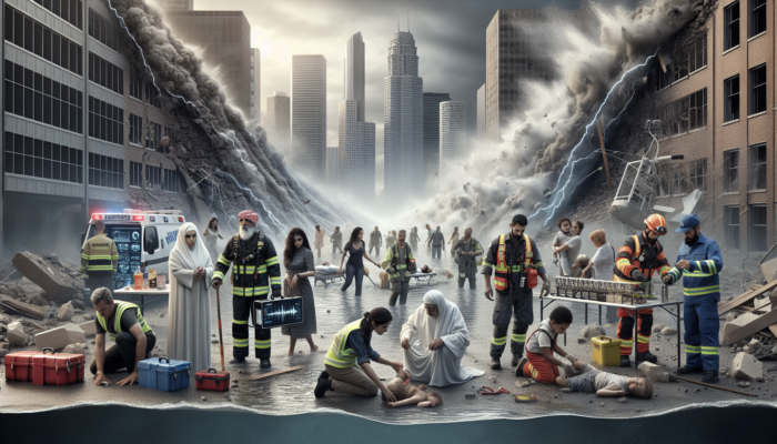 Urban disaster scene depicting individuals utilizing seismic sensors, flood barriers, and emergency kits during an earthquake and flood.