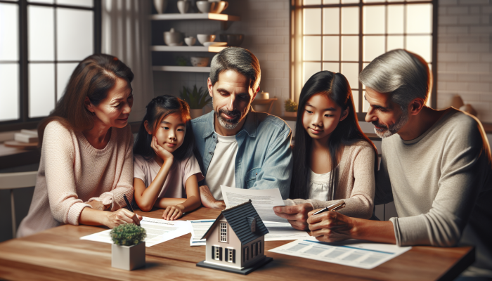 Family reviewing home equity loan documents at kitchen table with model house.