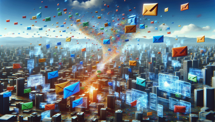 Vibrant digital landscape with targeted email flyers zooming into colorful inboxes, symbolizing personalized engagement.