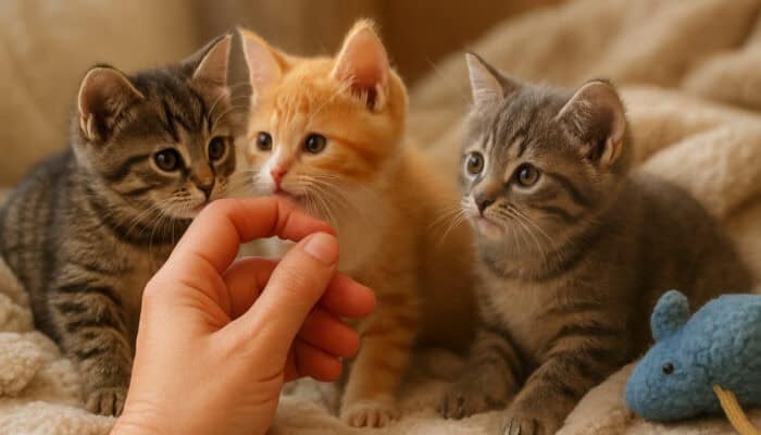 Playful kittens nuzzling caregiver's hand in cozy foster home, surrounded by blankets and toys.