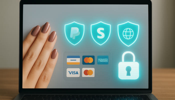 Modern checkout screen showcasing PayPal, Stripe, WorldPay icons, secure locks, and encryption shields.
