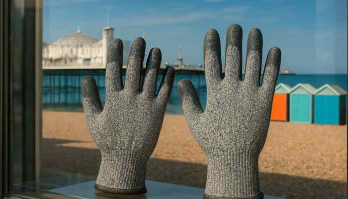 Durable cut-resistant safety gloves in Brighton shop window, with sunny seaside pier and beach huts background.