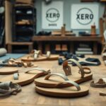 A workshop table displays unfinished sandals and leather straps, indicating the brand origins of Xero Shoes. Rolls of fabric, tools, and patterns are scattered as makers work beneath “Xero Shoes” posters on the back wall.