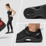 A collage of images shows a woman in black activewear and Xero Shoes standing and squatting, close-ups of the shoes from the side and bottom, and a red highlight on her ankle, emphasising improved posture in one image.