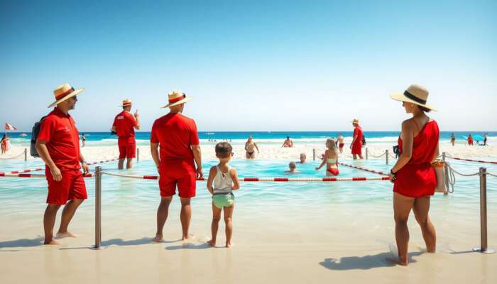 Beach scene with lifeguards in red uniforms watching swimmers in roped areas, families wearing hats and sunglasses under bright sun.