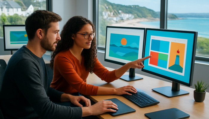 Web designers collaborating in a modern Kingsbridge workspace, showcasing vibrant WordPress screens and stunning coastal views.