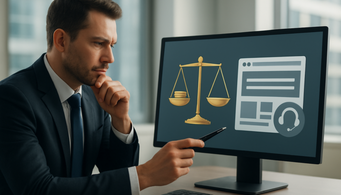 Analyst in a UK office reviews website pricing charts, balancing coins against custom designs and support icons.
