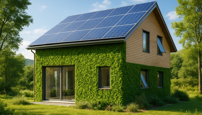 Modern eco-friendly house with solar panels, green walls, and smart windows in a peaceful setting.