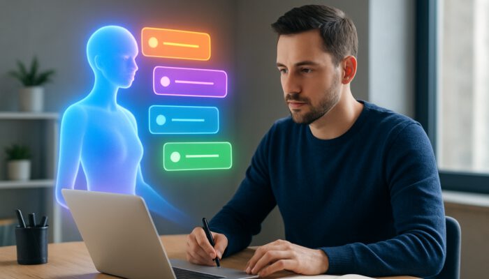 Holographic virtual assistant projecting colorful, prioritized task notifications around focused user in modern workspace.