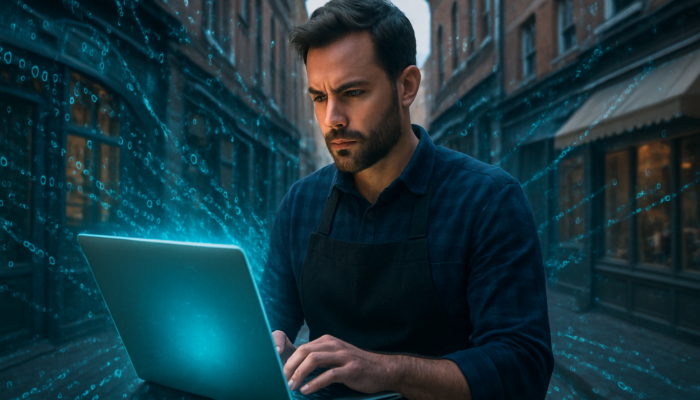 Determined Bridgwater business owner adjusting SEO strategies amid swirling digital code and competing storefronts.
