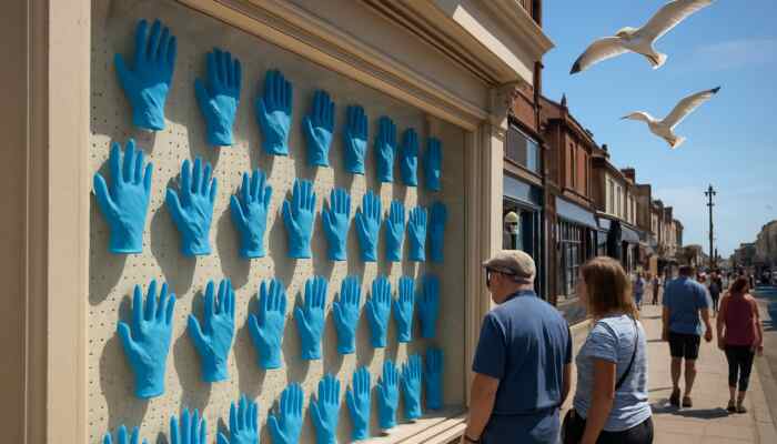 Display of blue latex gloves in a busy Lytham St Annes shop window, illuminated by sunlight with seagulls flying overhead.