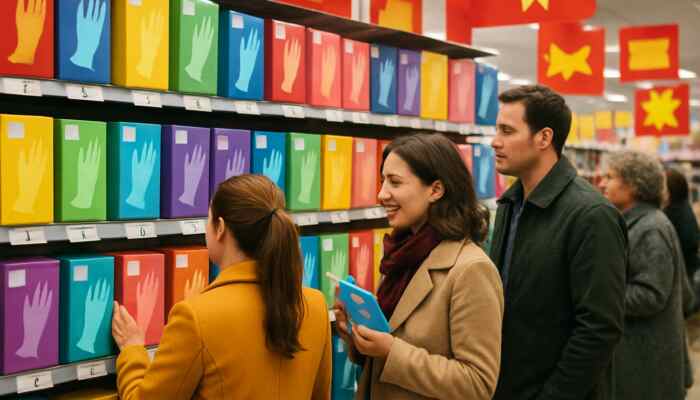 Busy Lytham St Annes shop showcasing colourful latex glove boxes, with prices ranging from £5 to £15, as eager shoppers compare their options.
