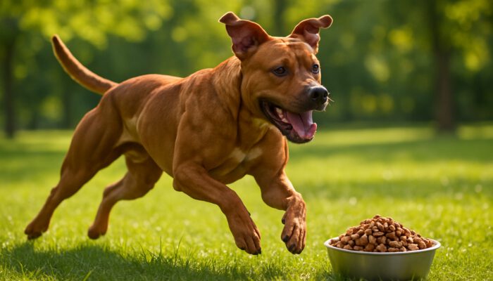 Muscular dog sprinting in a sunny park with a bowl of high-protein kibble nearby.