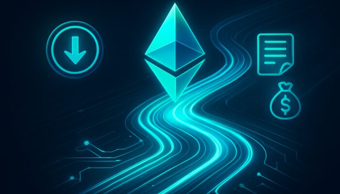 Neon blue-green representation of declining Ethereum gas fees via optimised glowing blockchain paths.