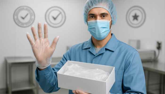 Harrow supplier displaying certified polythene gloves with UK compliance seals in sterile hospital setting
