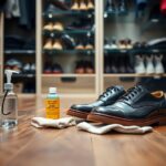 A pair of black leather dress shoes rests on white cloths atop a wooden floor. Nearby is a cleaning solution and cloth, indicating a necessary care routine. The background features shelves filled with various shoes in a closet, illustrating when not to condition new leather footwear.