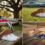 Three images showcase Xero Americana Collection barefoot-inspired shoes in blue, red, and white—ideal summer wear—displayed outdoors on a picnic table, on grass near a grill and car, and on a wooden deck with varied lighting and settings.