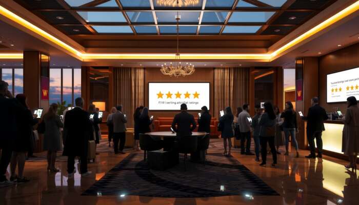 Luxurious hotel lobby at dusk with guests examining five-star ratings and positive reviews on smartphones, symbolising the impact of ratings on travel decisions.