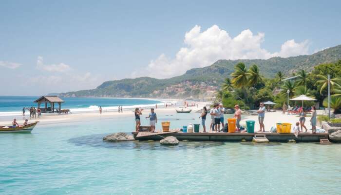 Tourists sorting waste into eco-friendly bins, observing wildlife from a distance, and using renewable energy at pristine coastal beaches with clear blue waters.