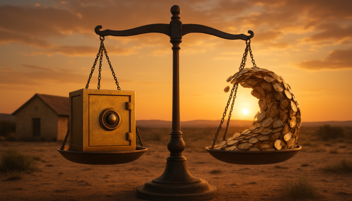 Charming Beaufort West home: fixed rates depicted by a solid structure, variable rates represented by a wave of coins, positioned under a balancing scale during sunset.