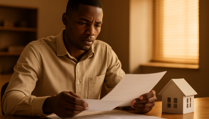 Focused South African applicant examining payslips and contracts for home loan at a bank.