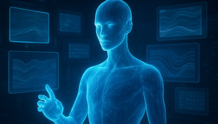 Futuristic AI hologram transforming for writing styles, surrounded by floating digital screens.
