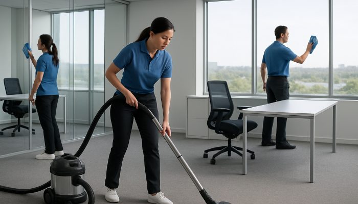 Professional Cleaning Crew Vacuuming and Dusting in Sleek Somerton Office with Deep Carpet Cleaning.