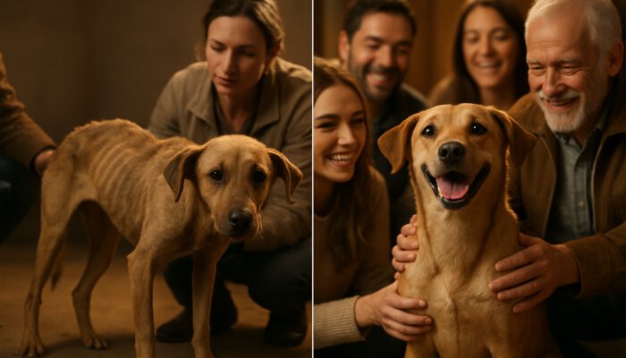 Split-screen of neglected dog transforming into joyful healthy pet amid emotional adopters and donors.