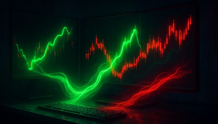Futuristic trading desk displaying holographic Chaikin Money Flow charts, green inflows, and red candlesticks