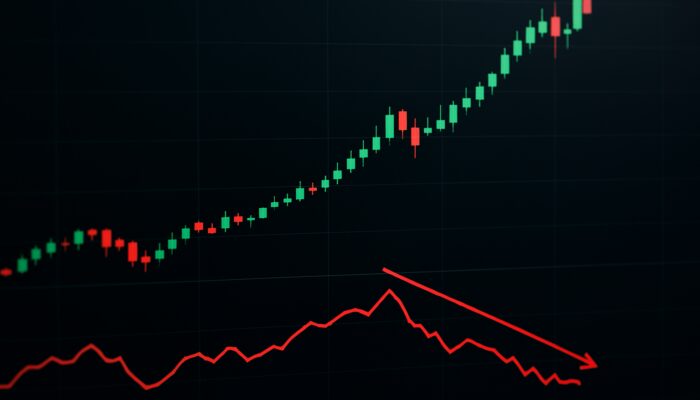 Trading chart displaying surging candlesticks at new highs, diverging downward Chaikin Money Flow, and red trendlines indicating a reversal.