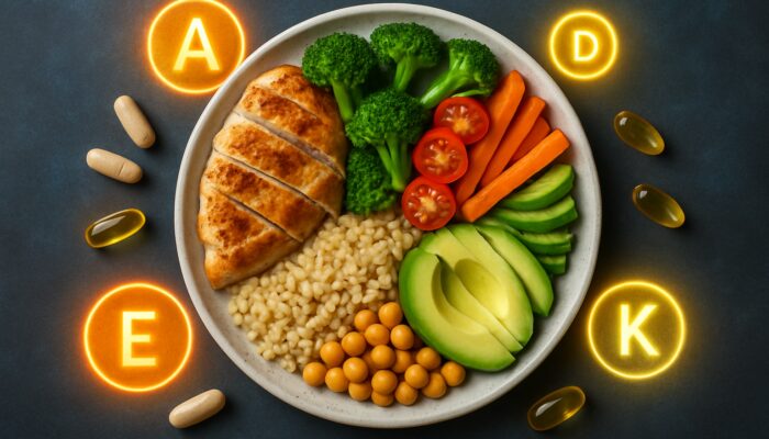 Balanced plate featuring sections for protein, carbohydrates, and fats alongside supplement capsules and vitamin icons
