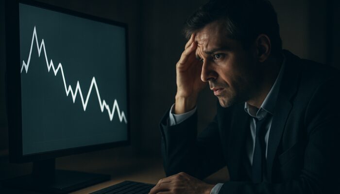 An anxious trader closely monitoring a zigzag chart featuring false breakouts and whipsaws in a dimly lit space.