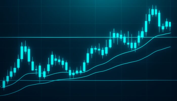 Financial chart featuring flat moving averages in a sideways market, with candlesticks confined between support and resistance.
