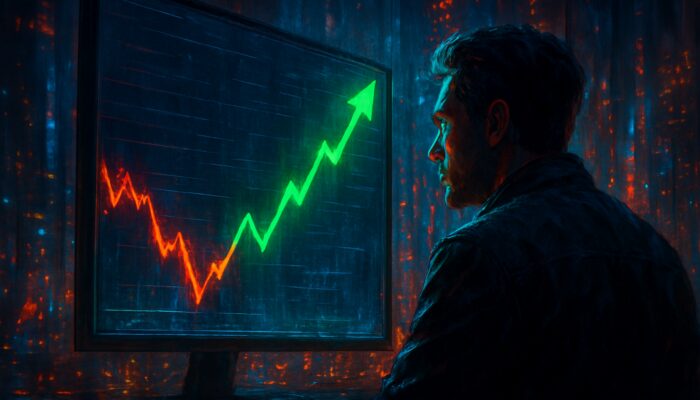 Trader observes a declining stock chart rebound sharply with green arrows in a cyberpunk city
