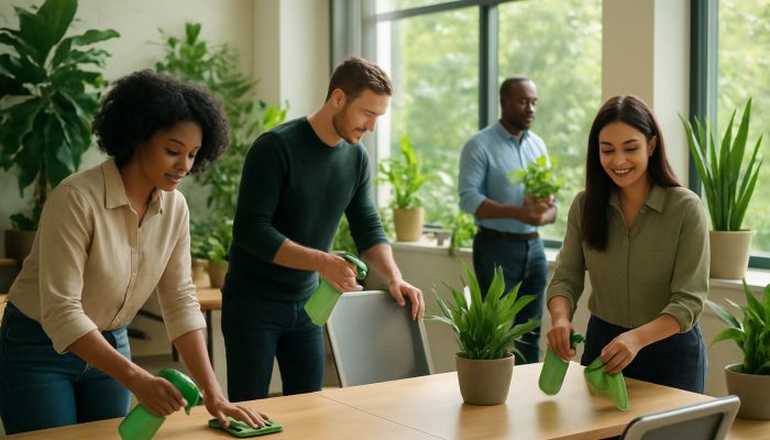Diverse employees using eco-friendly cleaners in a sunlit Crewkerne office surrounded by plants.