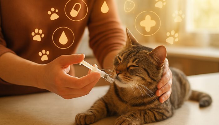 Owner syringe-feeding medicine to relaxed tabby cat with floating paw print icons