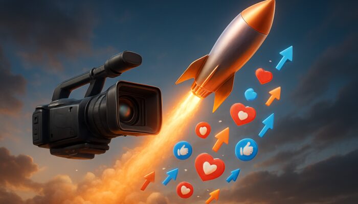 Video camera transforming into a glowing rocket with social media icons and likes