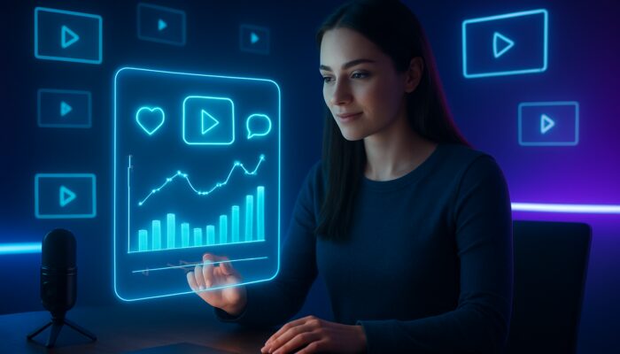 Content creator examining a holographic analytics dashboard with watch-time graphs and floating video thumbnails in a neon studio