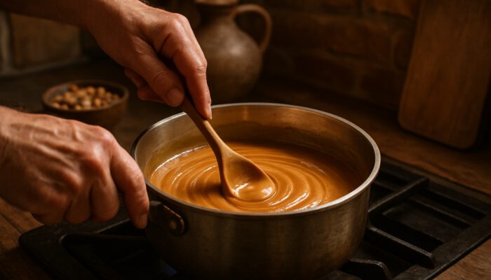 Hands stirring golden caramel in saucepan to make smooth praline mixture in rustic kitchen