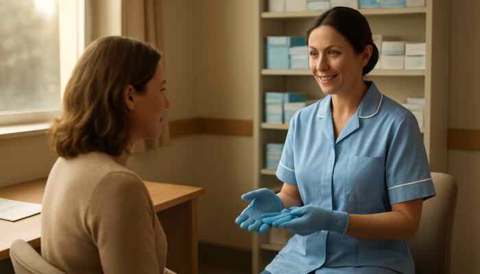 A friendly nurse guiding a patient about sterile gloves in a welcoming British GP clinic with NHS shelves.