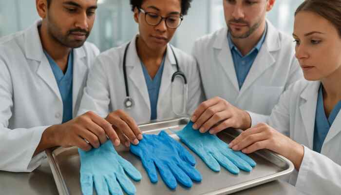 Various medical professionals examining a range of sterile nitrile, latex, and vinyl gloves on a tray