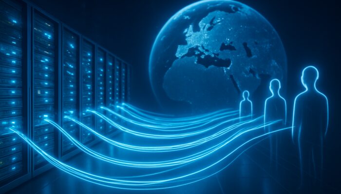 Futuristic European data center with glowing server racks and fibre-optic streams for minimal latency.