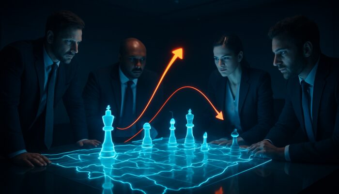Business strategists analysing holographic competitor maps and chess pieces in a modern war room.