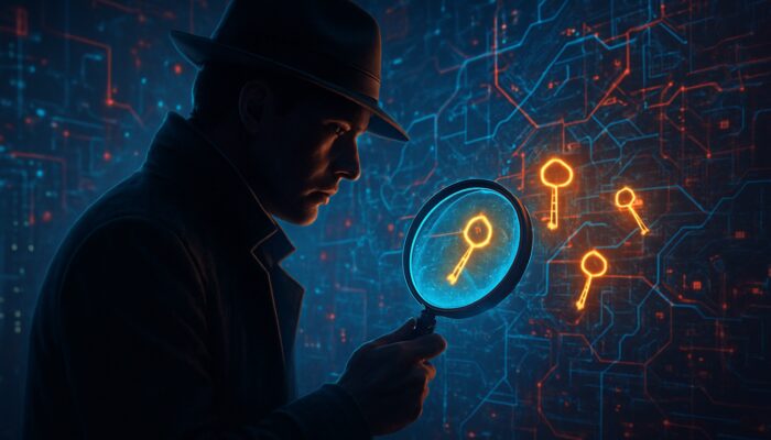 Digital investigator uncovers competitor keyword gaps with glowing magnifying glass in a digital landscape