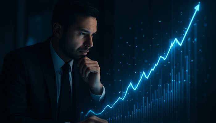 Trader examining glowing holographic charts of rising profit-to-drawdown ratio in dim office