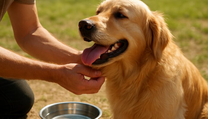 Owner pinching golden retriever neck skin to test hydration near water bowl